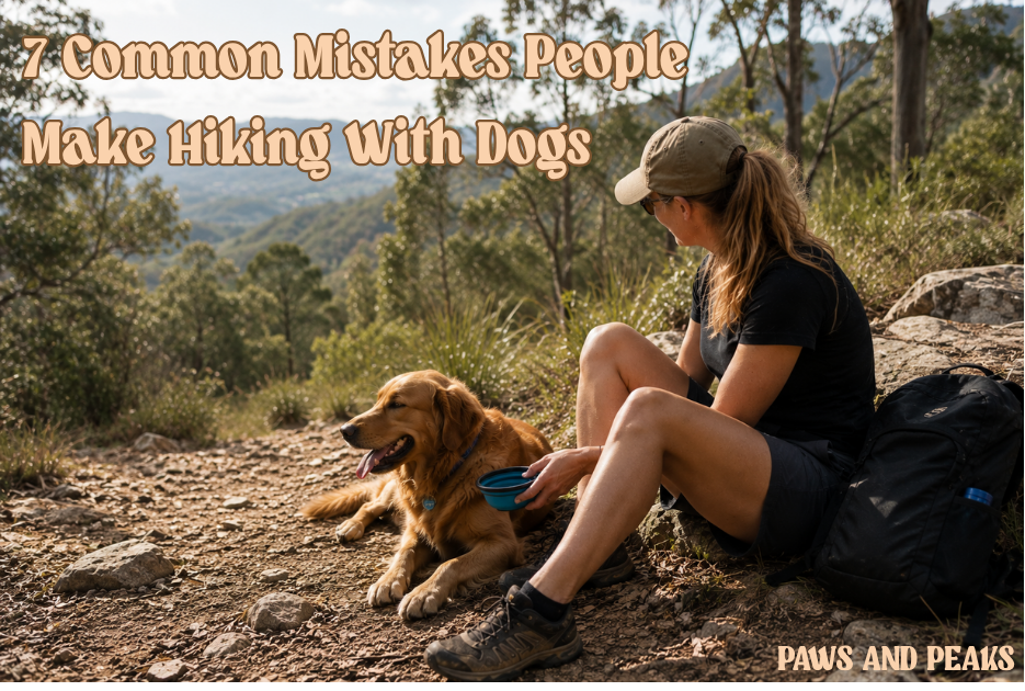 Dog owner giving water to dog during rest break on outdoor hiking trail in Australian bushland