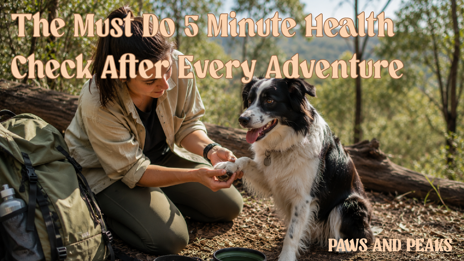 Dog owner performing a post-hike health check by inspecting a Border Collie's paw on an Australian bush trail with hiking gear and a collapsible water bowl nearby.