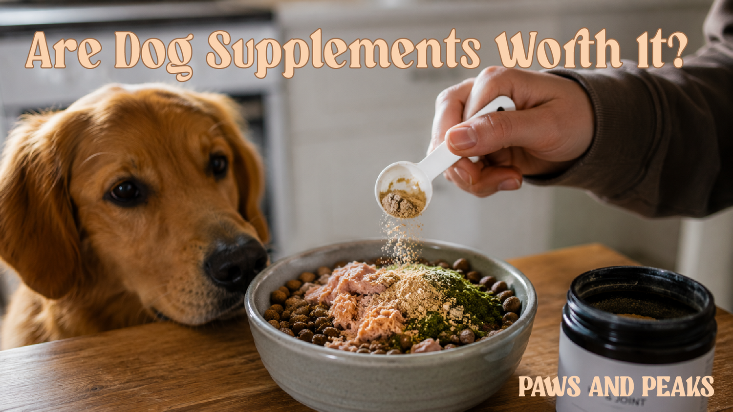 Owner adding a powdered dog supplement to a healthy dog food bowl while a Golden Retriever watches in a home kitchen.
