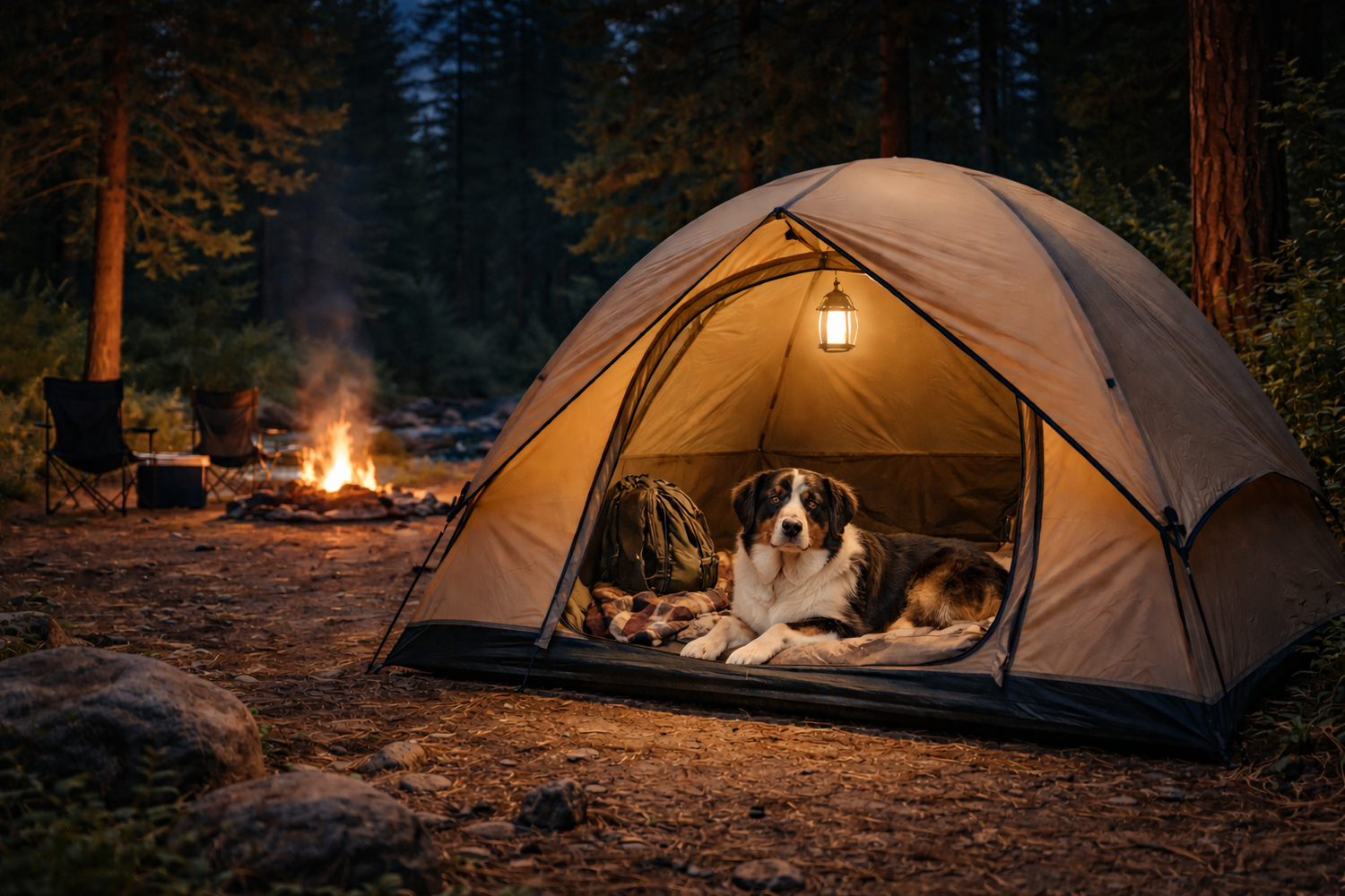 Dog resting comfortably inside a softly lit tent at a quiet nighttime campsite surrounded by trees
