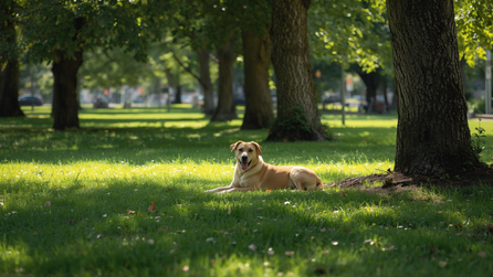 Dog lying calmly in the shade of trees on green grass in a quiet park on a sunny day