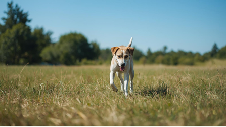 Dog running toward the camera through an open grassy field under a clear blue sky