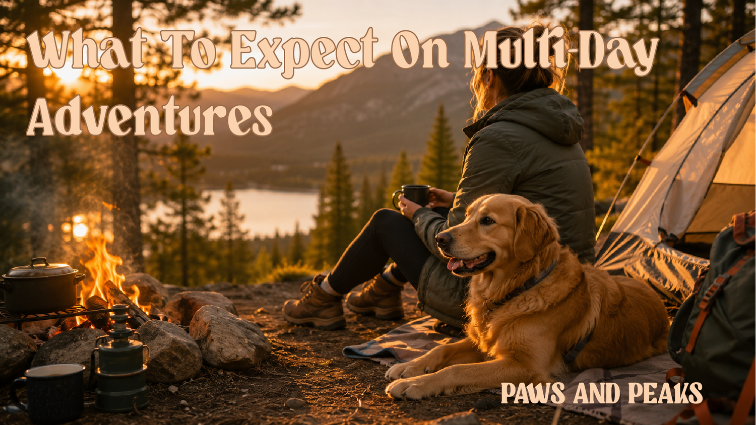 Dog and owner camping beside a mountain lake at sunset.