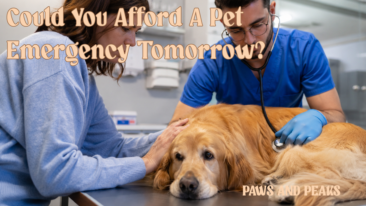 Dog owner and veterinarian caring for a golden retriever during a veterinary examination in a modern animal clinic, highlighting the importance of pet emergency preparedness and unexpected vet costs for dog owners.