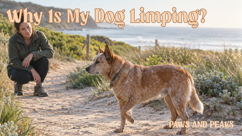Red Australian cattle dog holding up one front paw while its owner watches on a coastal walking track.