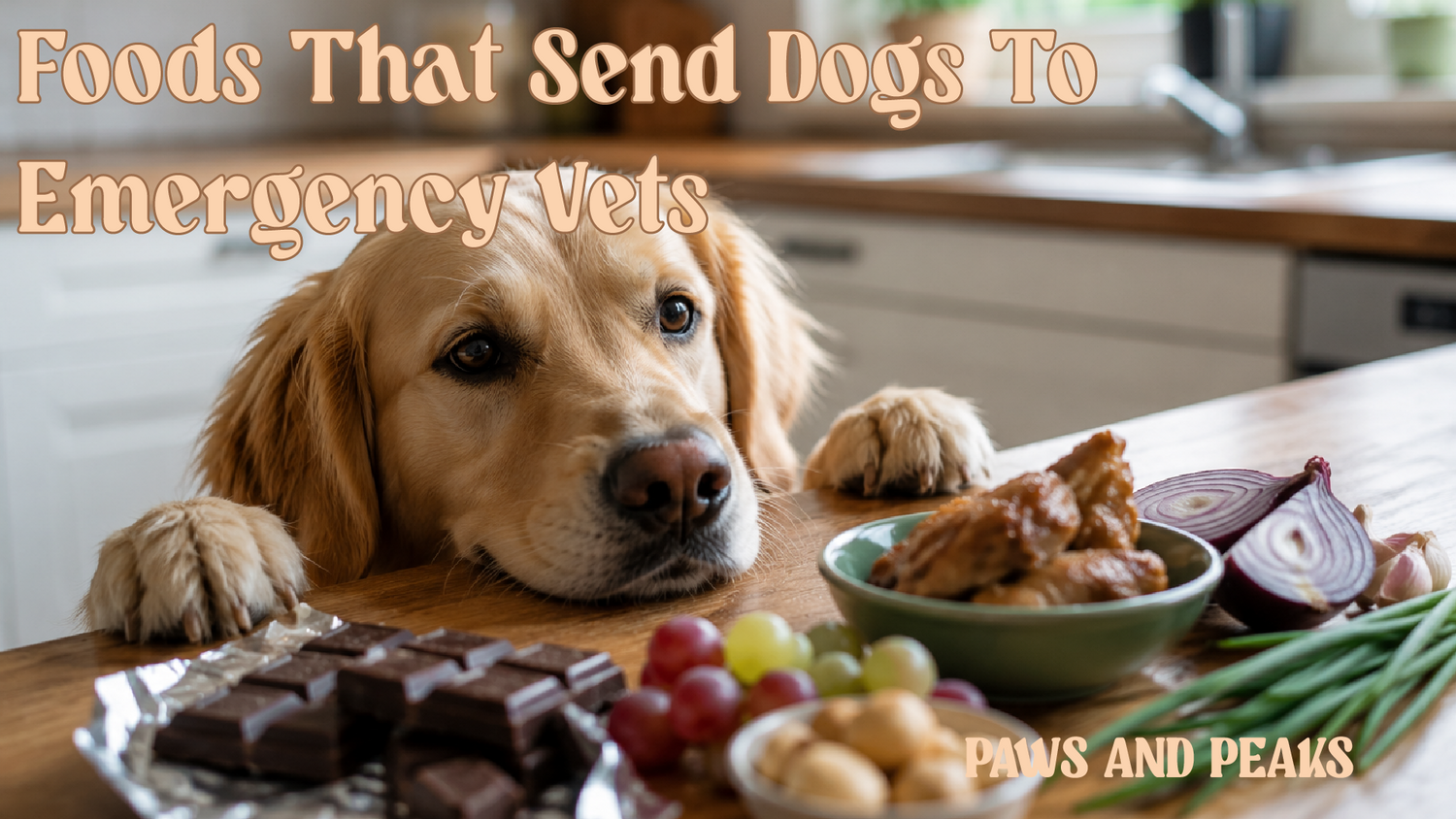 Dog near toxic foods including chocolate, grapes, and onions that commonly cause emergency veterinary visits.