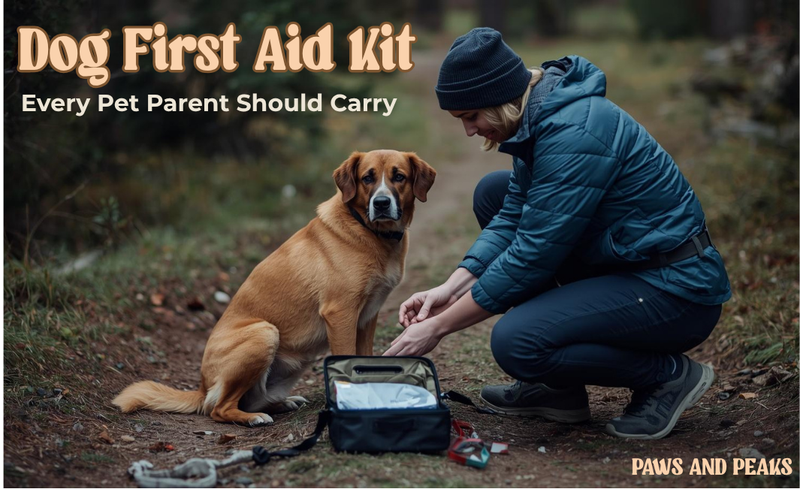 dog first aid being applied on hiking trail by owner with emergency kit outdoors