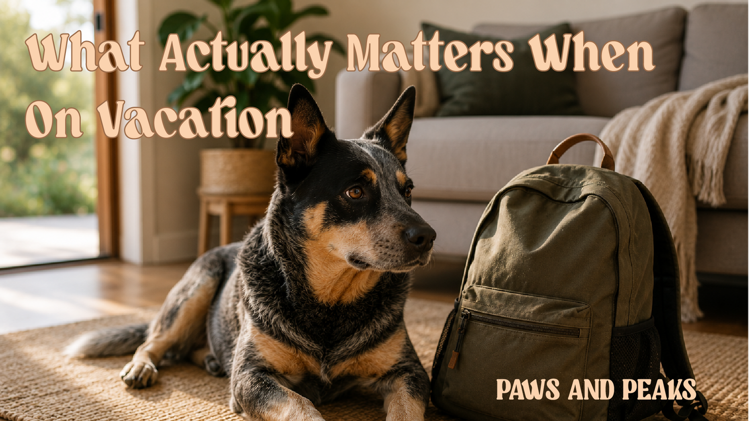 Dog lying beside a backpack at home, ready for travel and adventure.