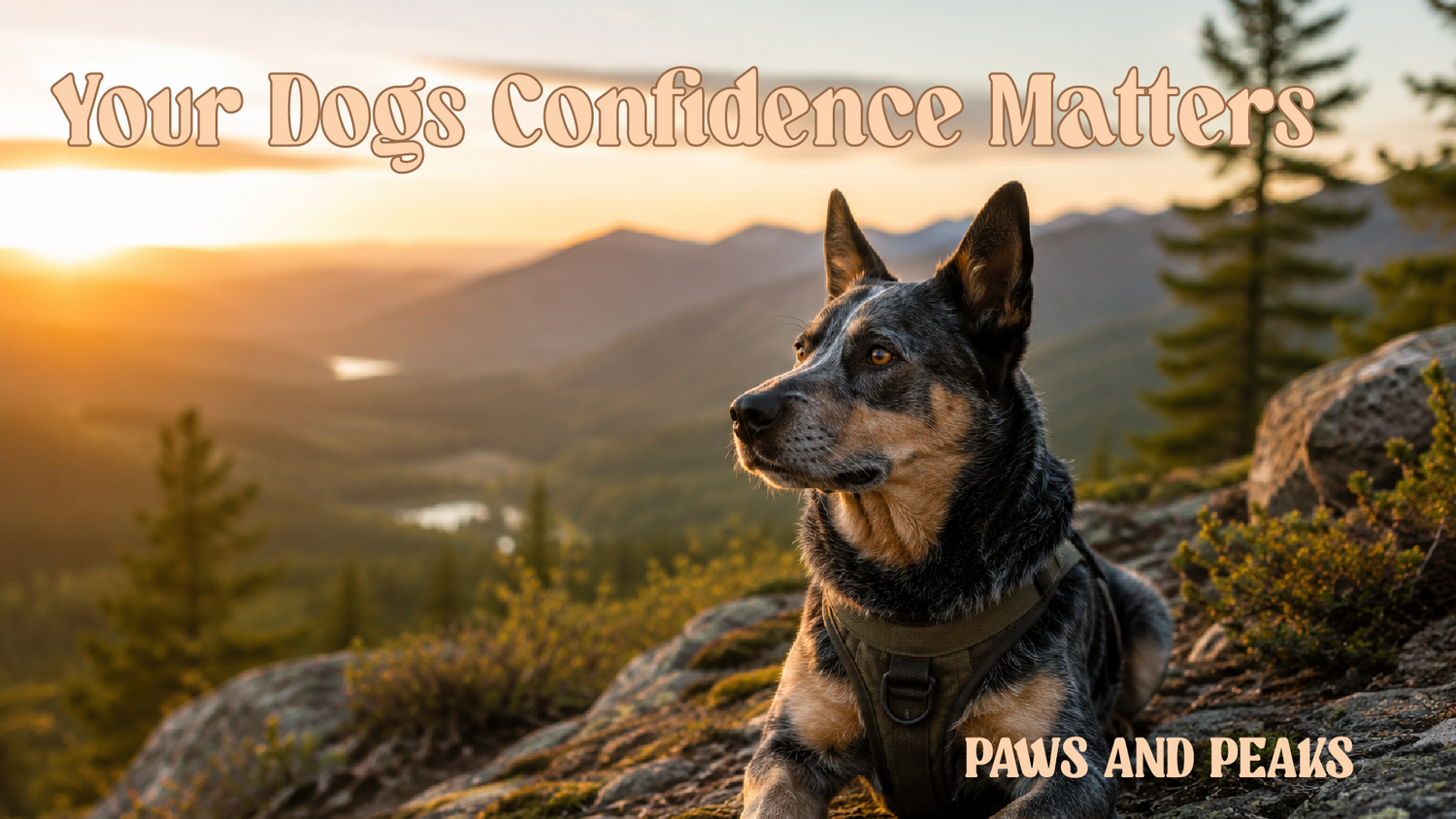 Australian Cattle Dog resting on a rocky lookout at sunset, overlooking a scenic mountain valley during an outdoor adventure.