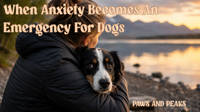 Dog showing signs of anxiety while being comforted by its owner in an outdoor setting.