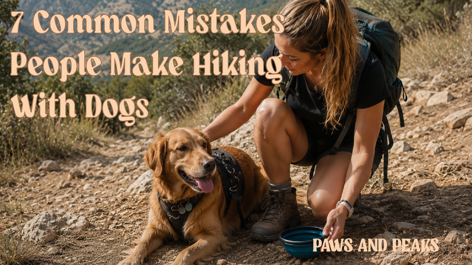 Hiking with dogs safely by taking regular water breaks on an outdoor trail.
