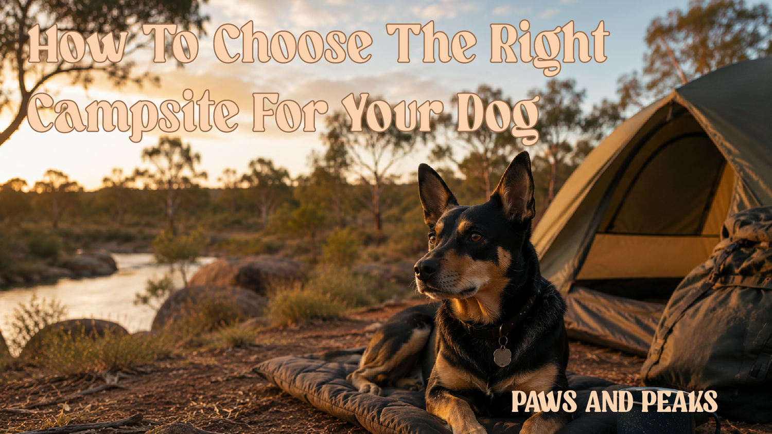 Dog at a campsite in the Australian bush at sunset, relaxing beside a tent near a river surrounded by native trees.