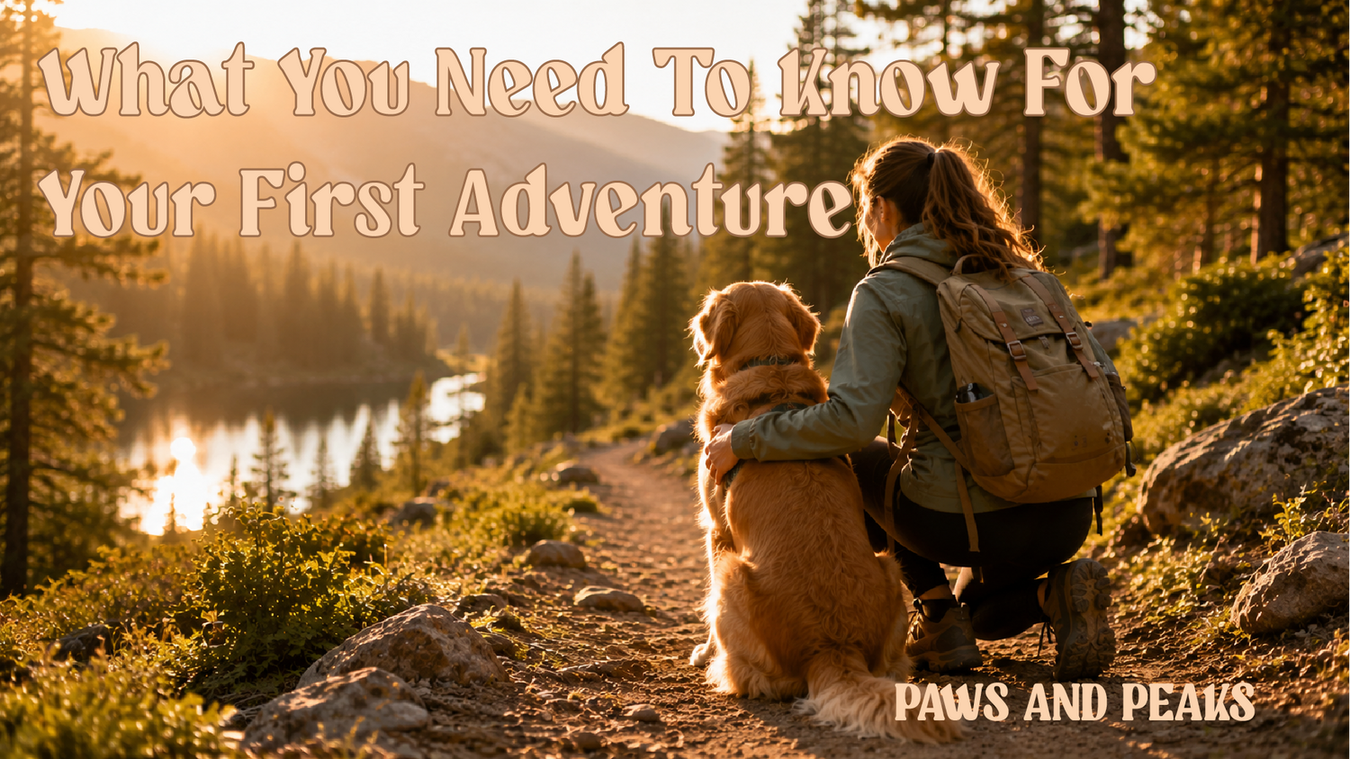 Golden retriever and owner enjoying a mountain trail at sunset.