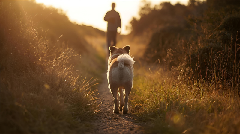 Dog walking along a narrow dirt trail at golden hour, warm sunlight glowing through tall grass, with the owner slightly blurred ahead in the distance.