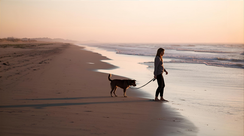 Woman walking her dog along a quiet beach at sunrise, soft golden light casting long shadows across the sand as gentle waves roll in beside them.