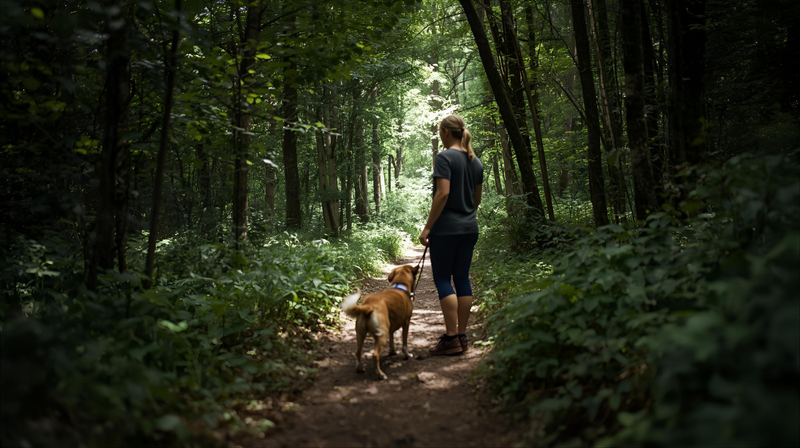 Woman walking her dog along a narrow forest trail, surrounded by dense green trees and soft filtered light as they move deeper into the woods.