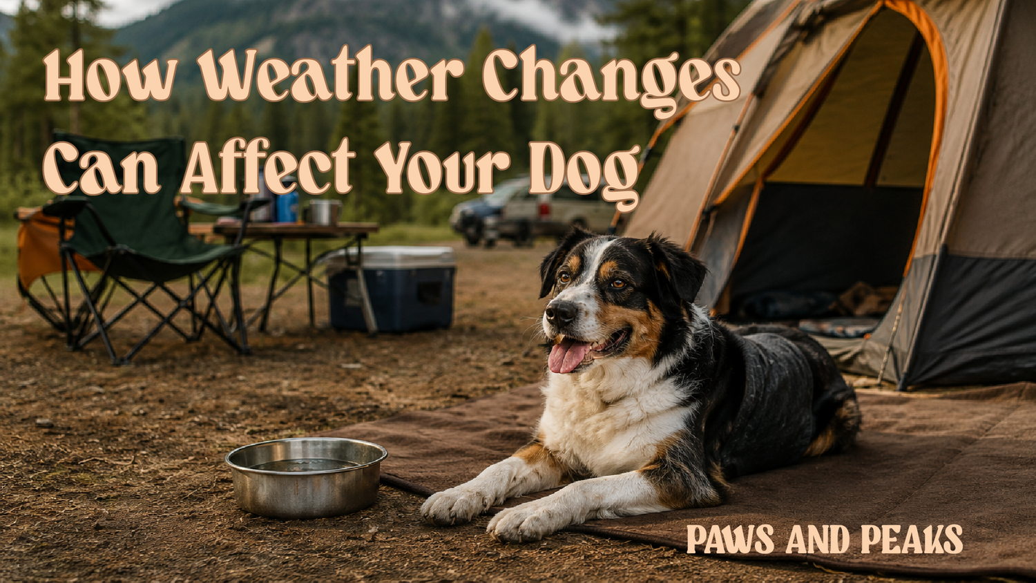 Dog resting at a mountain campsite beside a tent, highlighting safe camping with dogs.