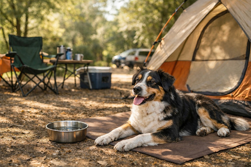 A relaxed dog lying in the shade at a campsite on a warm day, resting on a mat beside a metal water bowl, with a sunlit tent, camping chairs, and trees softly blurred in the background, conveying comfort, safety, and outdoor adventure.