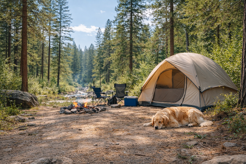 Dog resting calmly beside a tent at a quiet forest campsite in bright daylight, surrounded by green trees and soft natural light