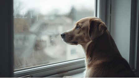 Dog sitting quietly by a window, representing time alone and waiting calmly