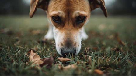 Dog sniffing grass during a calm outdoor walk, focusing on scent exploration as mental stimulation rather than distance or speed