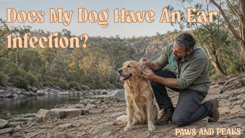 Man gently checking his Golden Retriever’s ear beside a creek in the Australian bush.