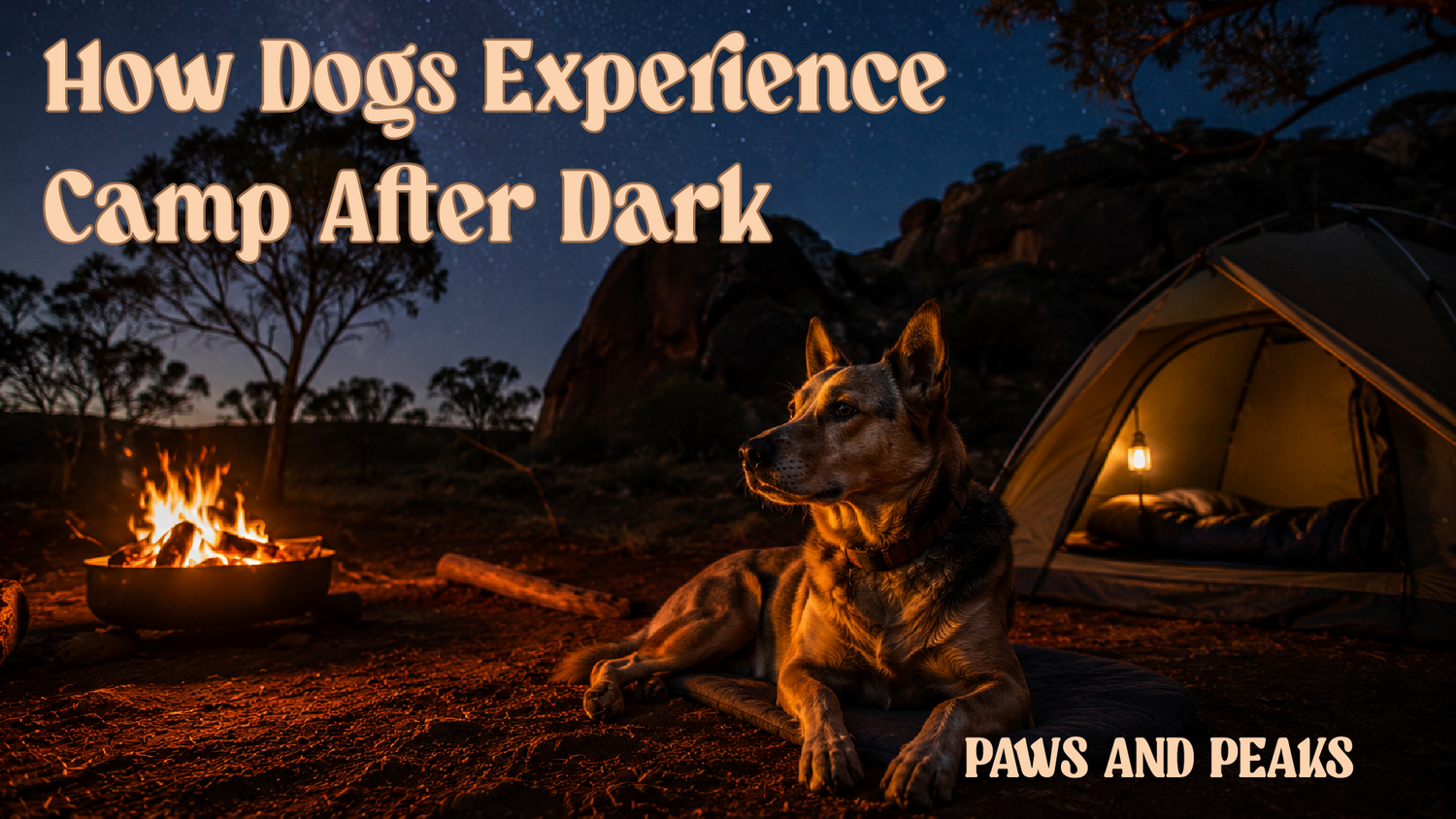 Australian Cattle Dog resting beside a campfire at a remote Australian bush campsite under a star filled night sky. A lit tent glows in the background, surrounded by rocky terrain, native trees, and rugged outback landscape.